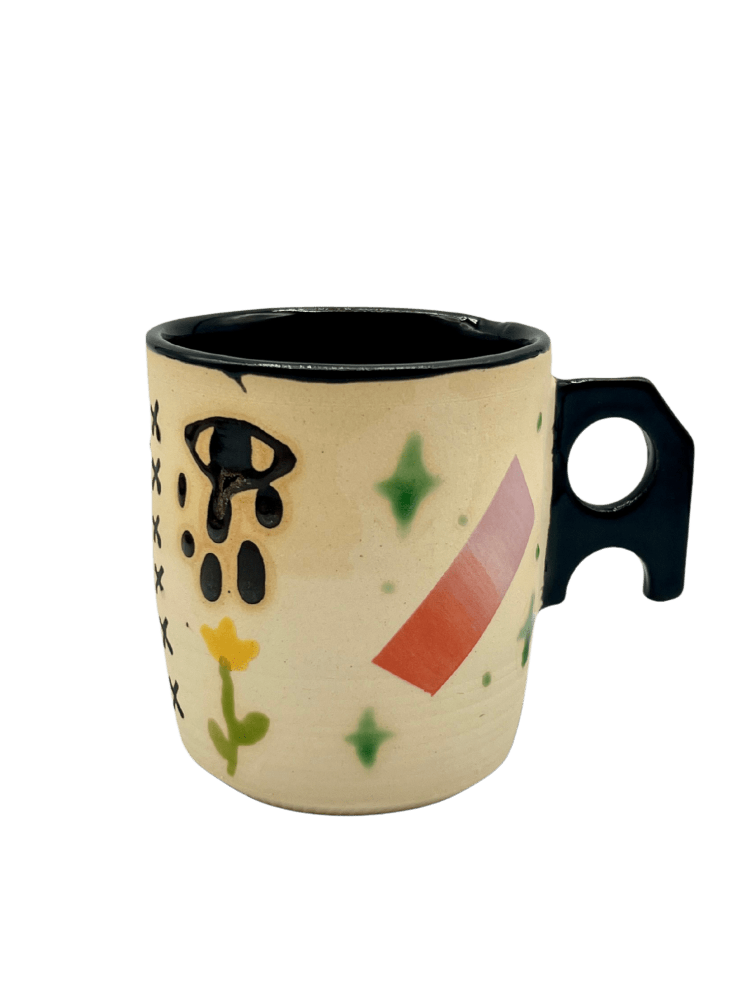 Ceramic mug with black handle featuring abstract designs on a white background